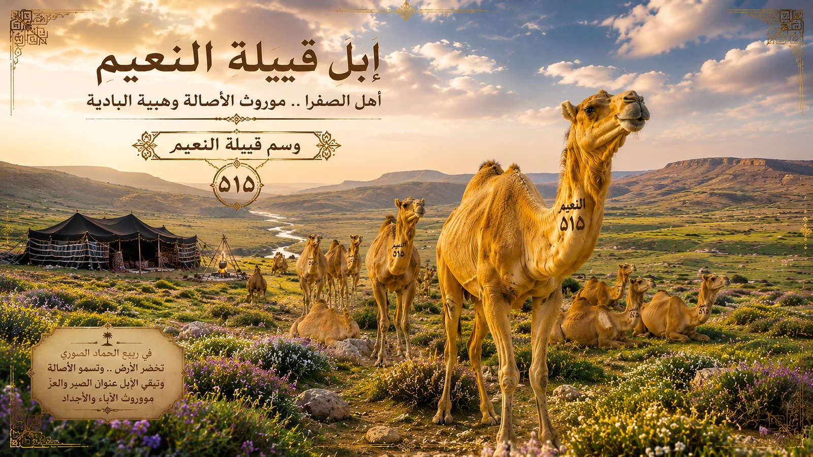 بانوراما إبل قبيلة السادة النعيم أهل الصفرا ٥١٥ في البادية السورية - إبل الصفرا الأصيلة تتقدم في مسارات البادية