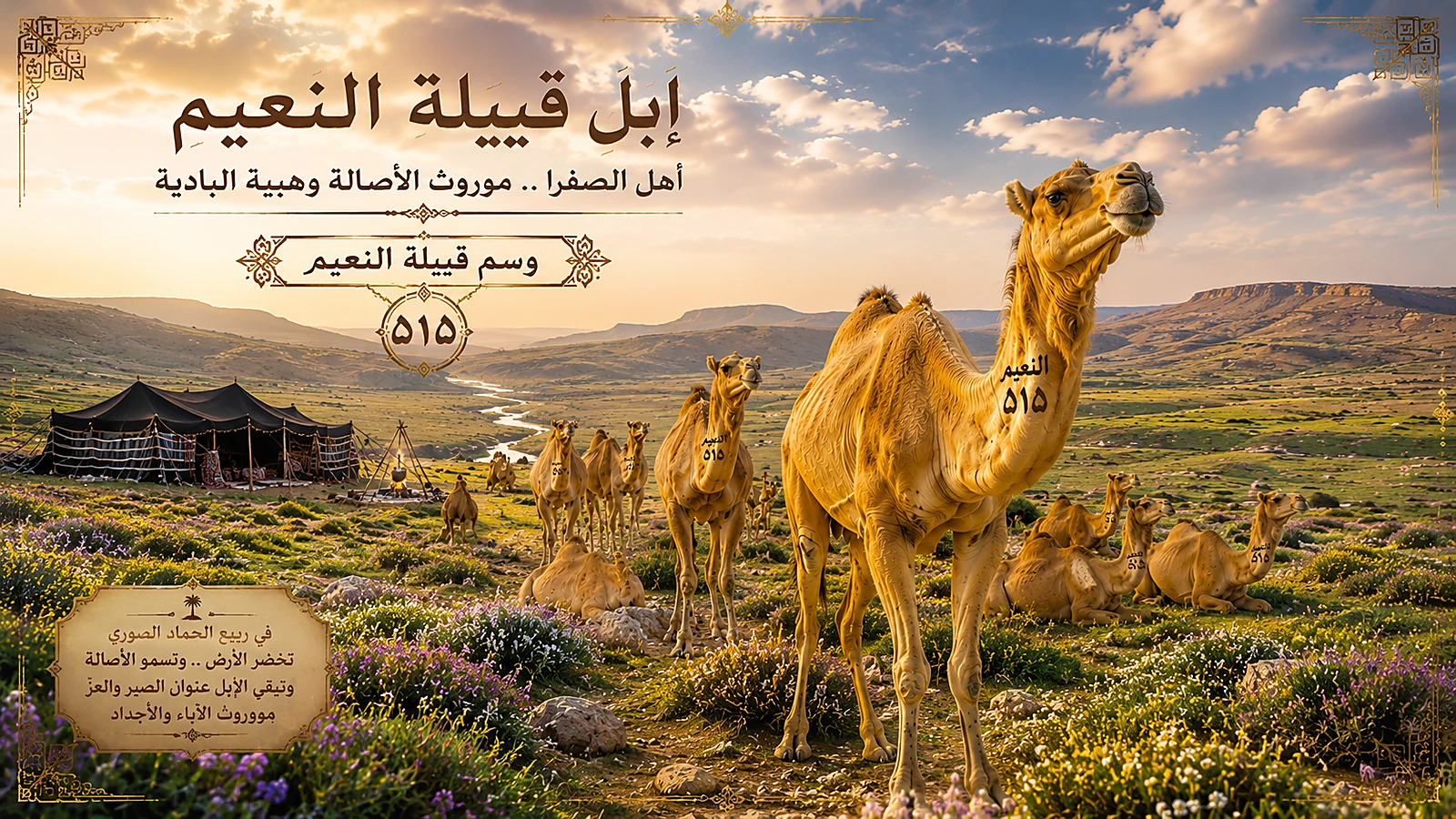 إبل قبيلة السادة النعيم أهل الصفرا ٥١٥ - وسم بني هاشم ٥١٥ الجامع، أهل الصفرا في ربيع الحماد السوري، تخضر الأرض وتسمو الأصالة