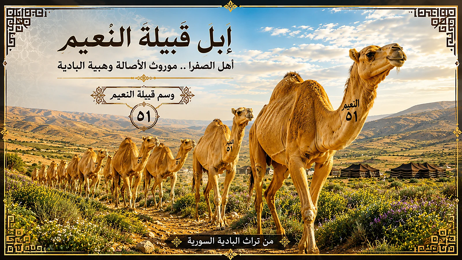 إبل قبيلة السادة النعيم أهل الصفرا ٥١ - وسم قبيلة النعيم ٥١، أهل الصفرا في ربيع البادية السورية، موروث الأصالة من تراث البادية