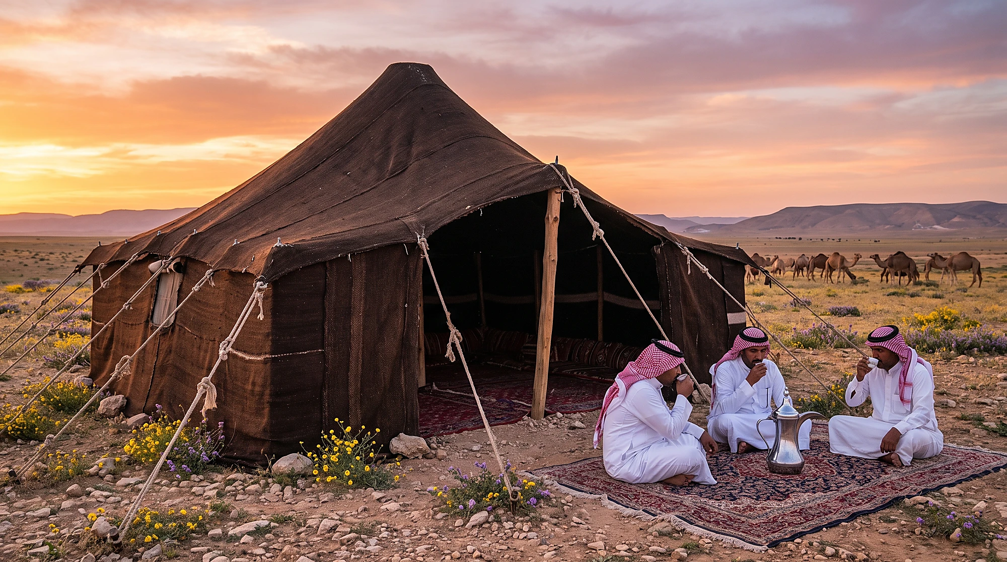 القطبة - بيت الشعر البدوي بعمود واحد مقسم إلى قسمين في البادية السورية - مجلس قهوة بدوي تقليدي عند الغروب مع جمال في الخلفية