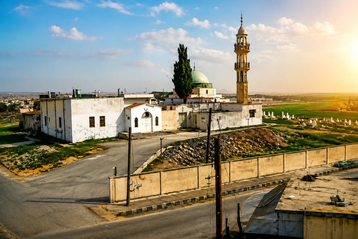 منظر بانورامي لبلدة عز الدين - موطن قبيلة النعيم أهل الصفرا ٥١٥، يظهر فيها المسجد والمئذنة والقبور والطبيعة المحيطة