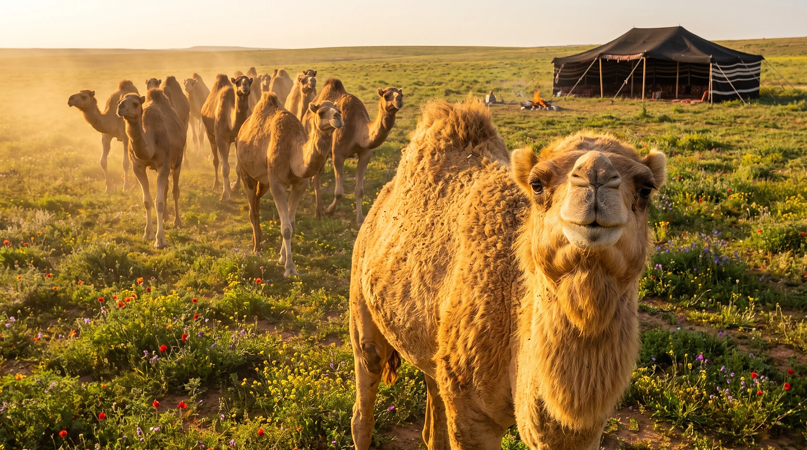 قطيع إبل قبيلة السادة النعيم أهل الصفرا ٥١٥ الأصيلة تتقدم في ربيع الحماد السوري - وسم ٥١٥ على الإبل الصفراء، الأرض تخضر وتسمو الأصالة